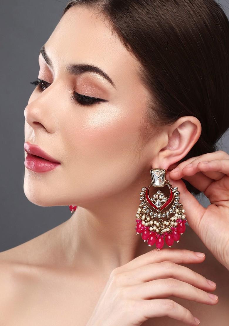 Gold Plated Kundan Studded Contemporary Chandbalis Earrings