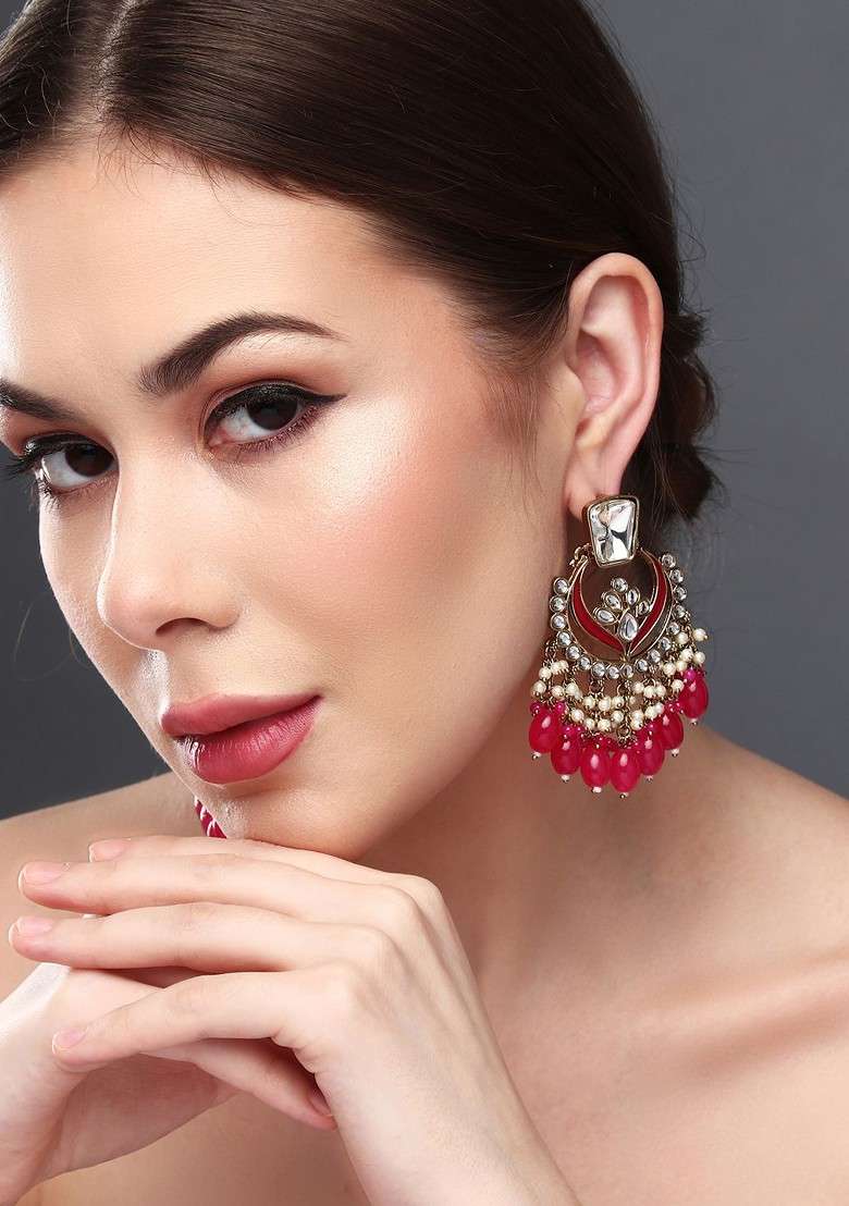 Gold Plated Kundan Studded Contemporary Chandbalis Earrings - Indya