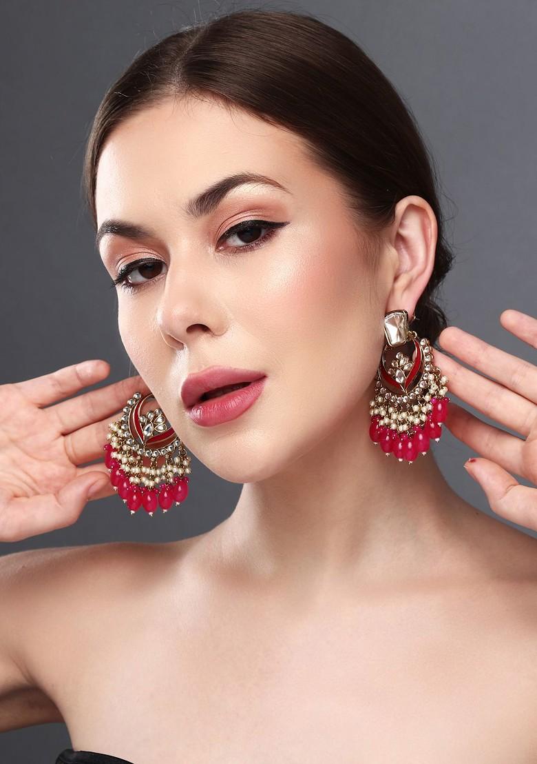 Gold Plated Kundan Studded Contemporary Chandbalis Earrings