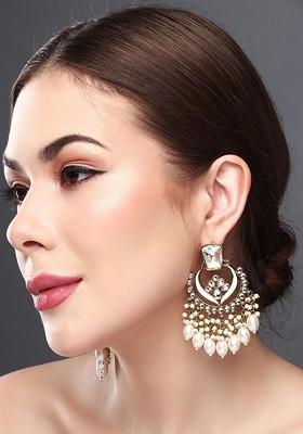 Gold Plated Kundan Studded Contemporary Meenakari Chandbalis