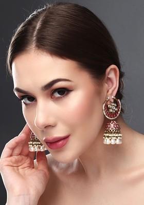 Gold Plated Stone Studded And Beaded Dome Shaped Meenakari Jhumkas