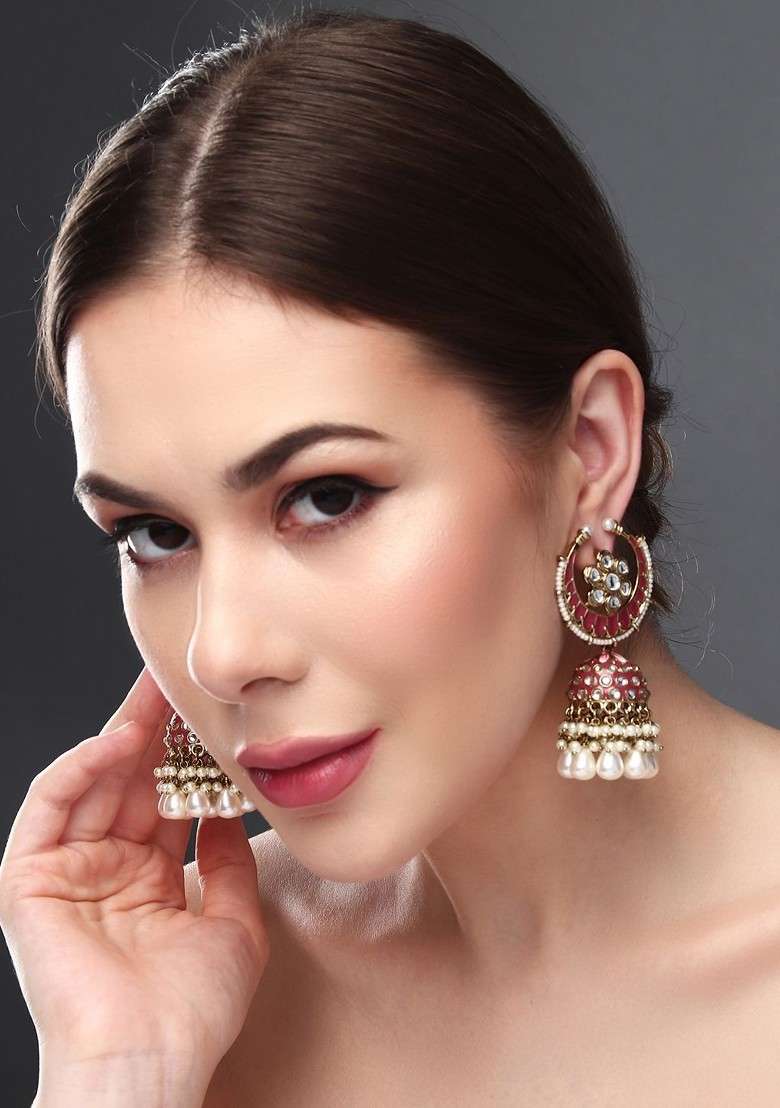 Gold Plated Stone Studded And Beaded Dome Shaped Meenakari Jhumkas - Indya