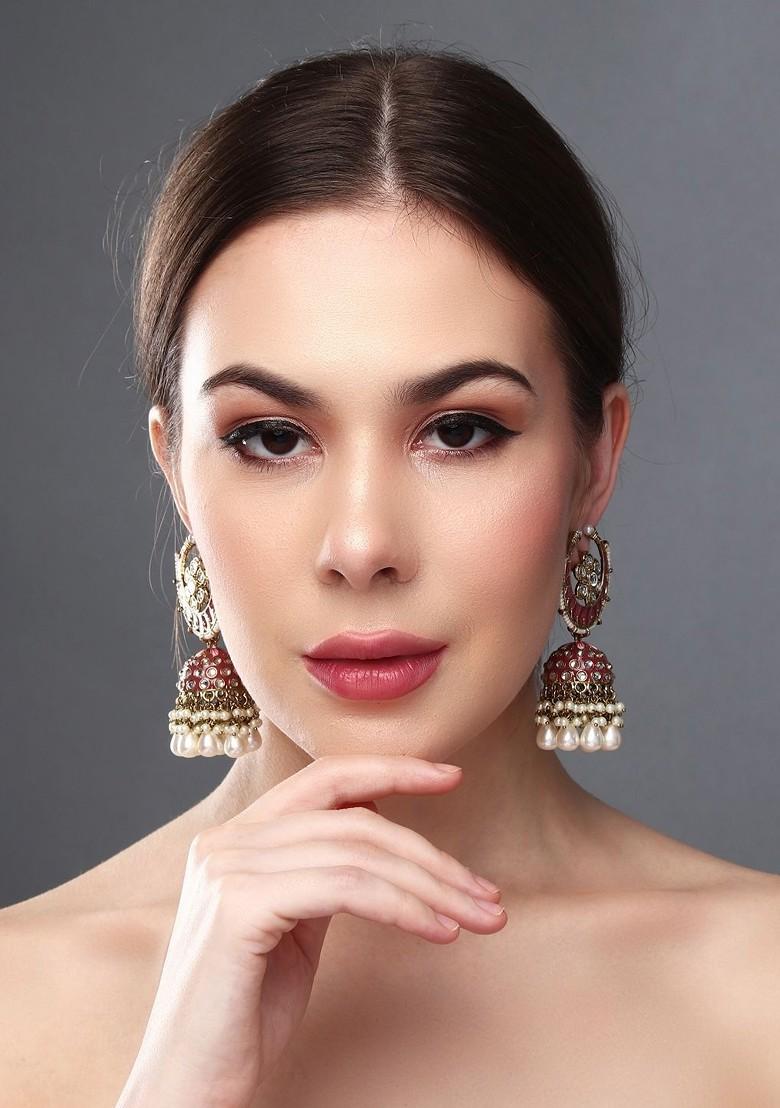 Gold Plated Stone Studded And Beaded Dome Shaped Meenakari Jhumkas