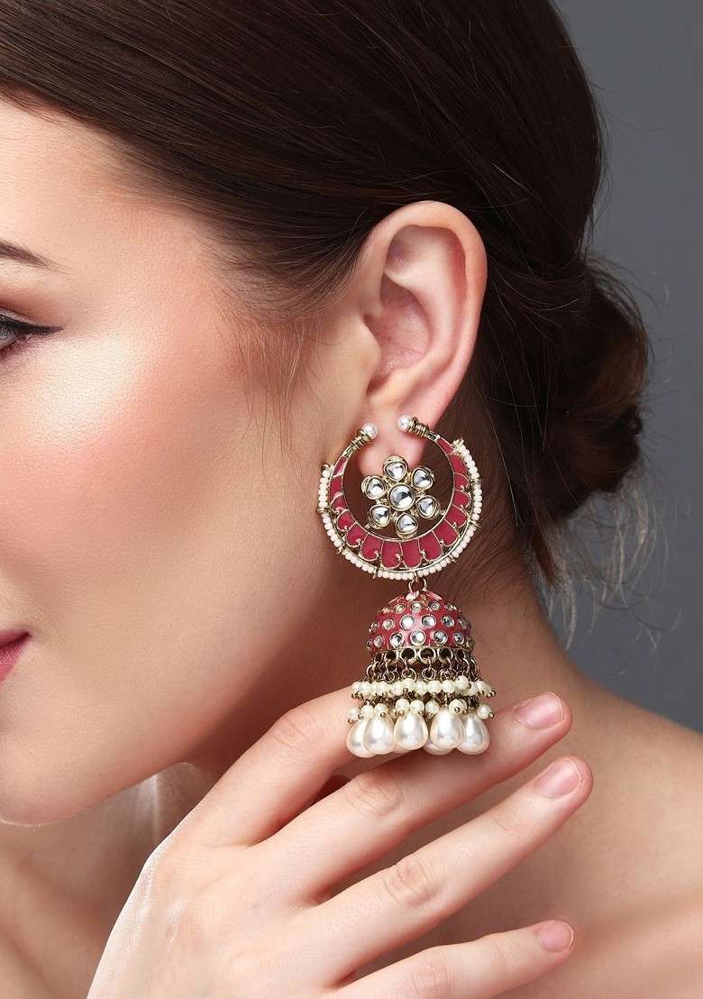 Gold Plated Stone Studded And Beaded Dome Shaped Meenakari Jhumkas - Indya