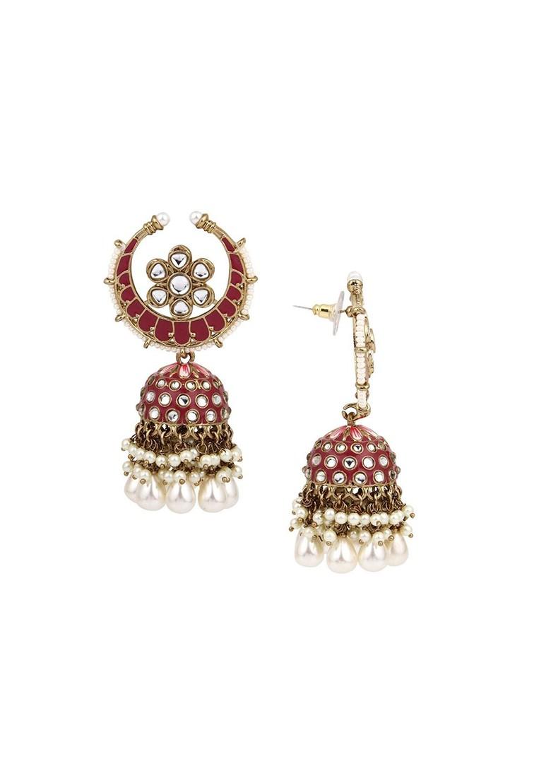 Gold Plated Stone Studded And Beaded Dome Shaped Meenakari Jhumkas