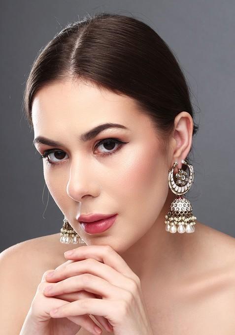 Gold Plated Kundan Studded Contemporary Jhumkas