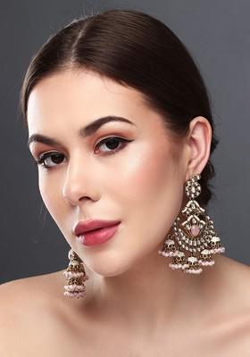 Gold Plated Kundan Studded Contemporary Drop Earrings