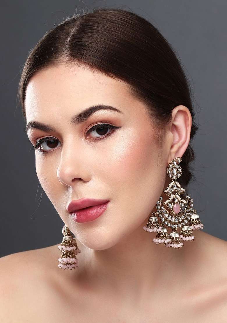 Gold Plated Kundan Studded Contemporary Drop Earrings - Indya