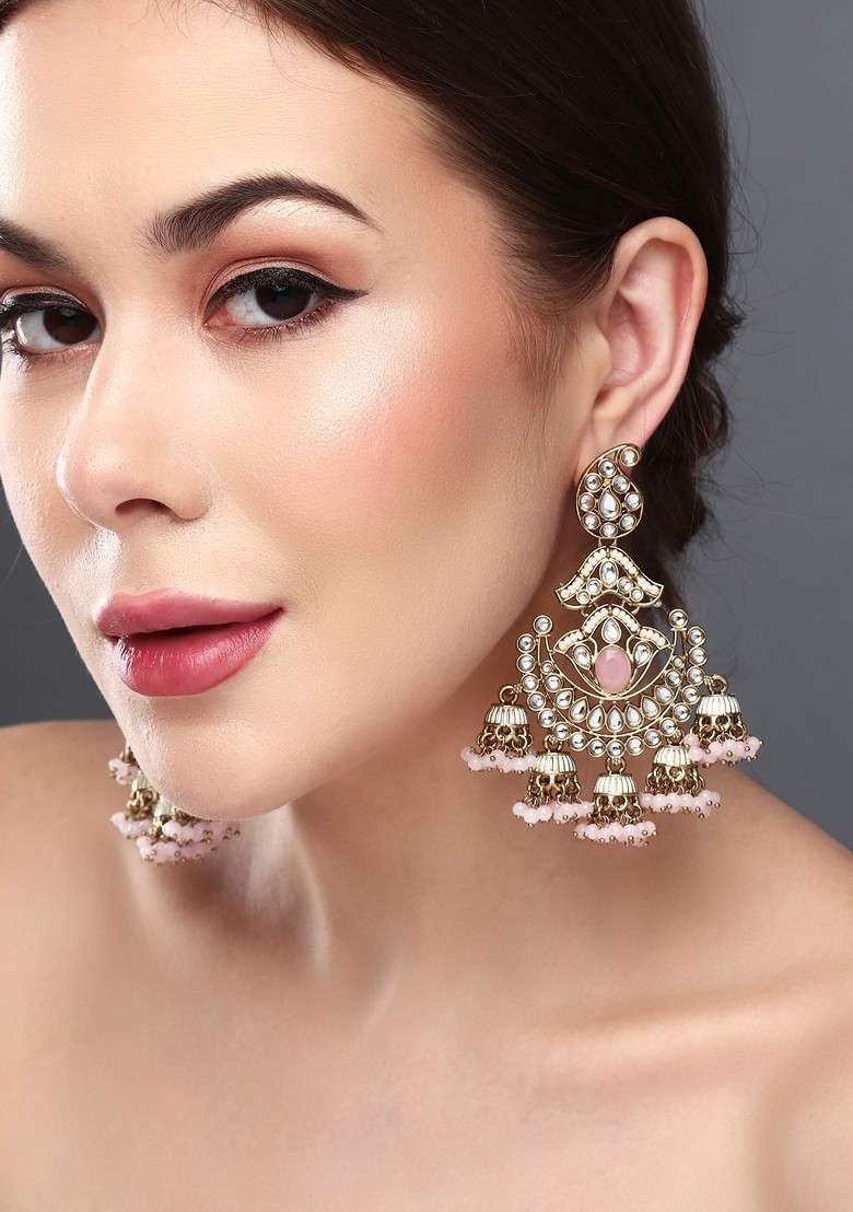 Gold Plated Kundan Studded Contemporary Drop Earrings - Indya