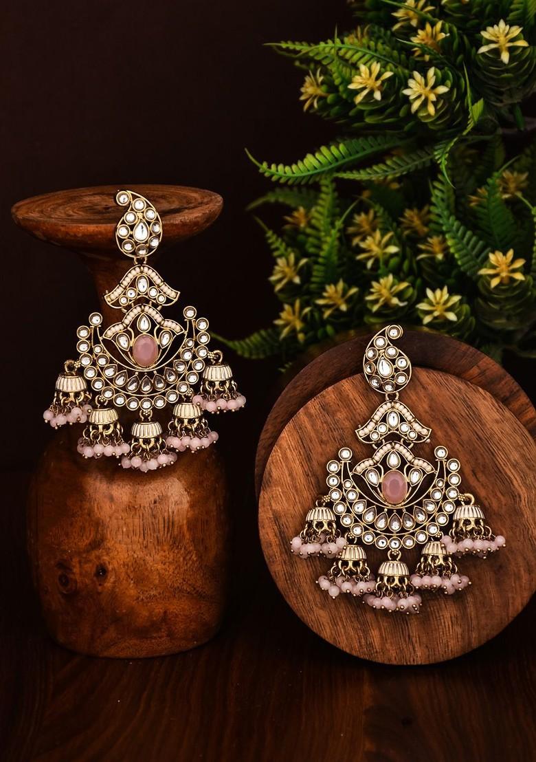 Gold Plated Kundan Studded Contemporary Drop Earrings