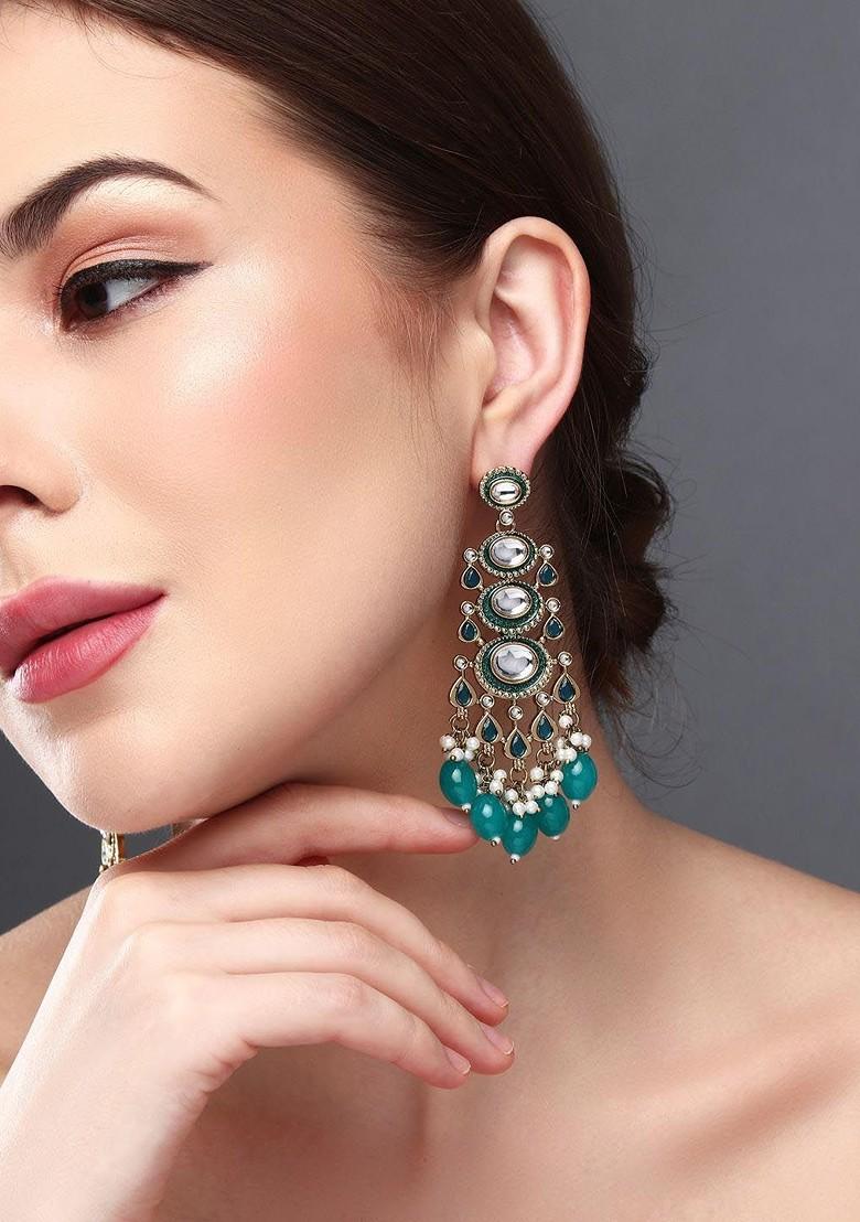 Gold Plated Kundan Studded Contemporary Drop Earrings
