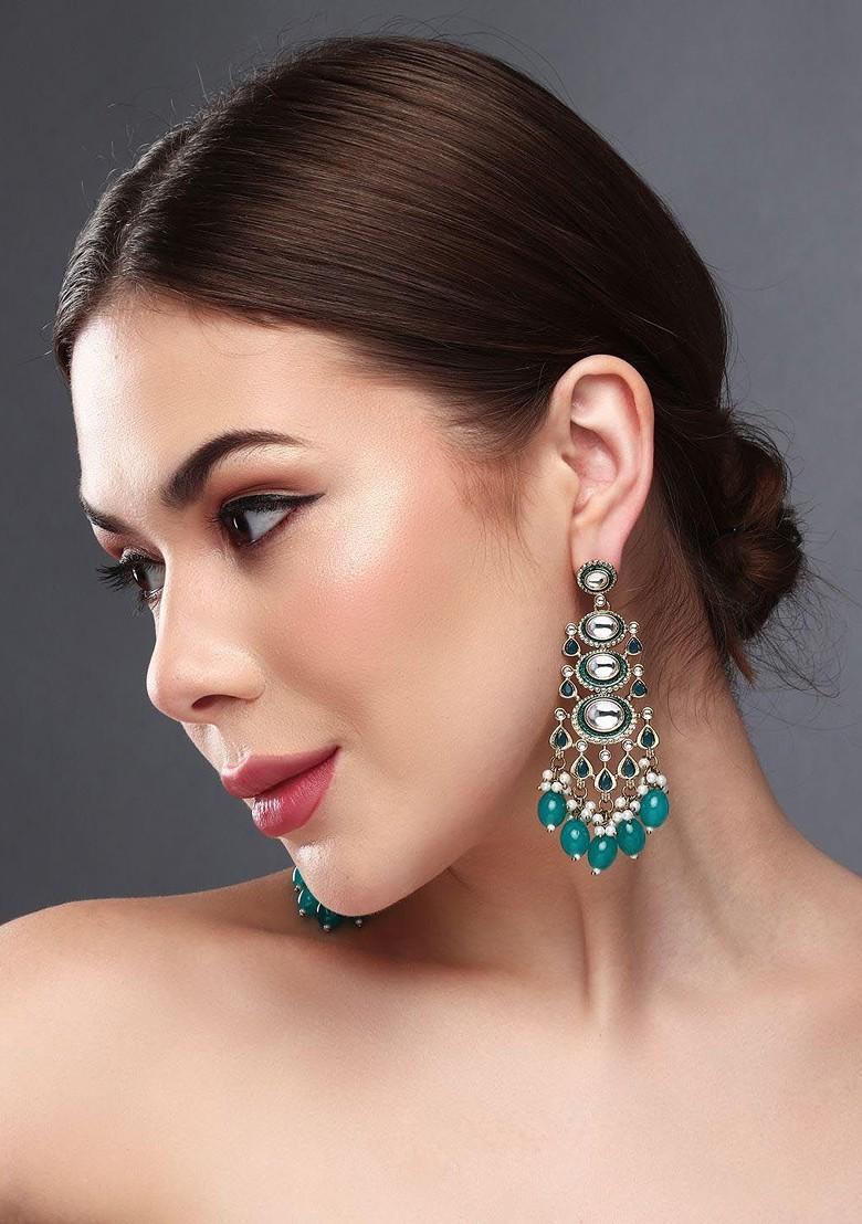 Gold Plated Kundan Studded Contemporary Drop Earrings