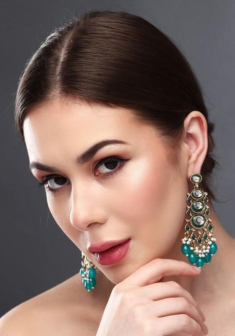 Gold Plated Kundan Studded Contemporary Drop Earrings