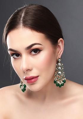 Gold Plated Kundan Studded Contemporary Drop Earrings