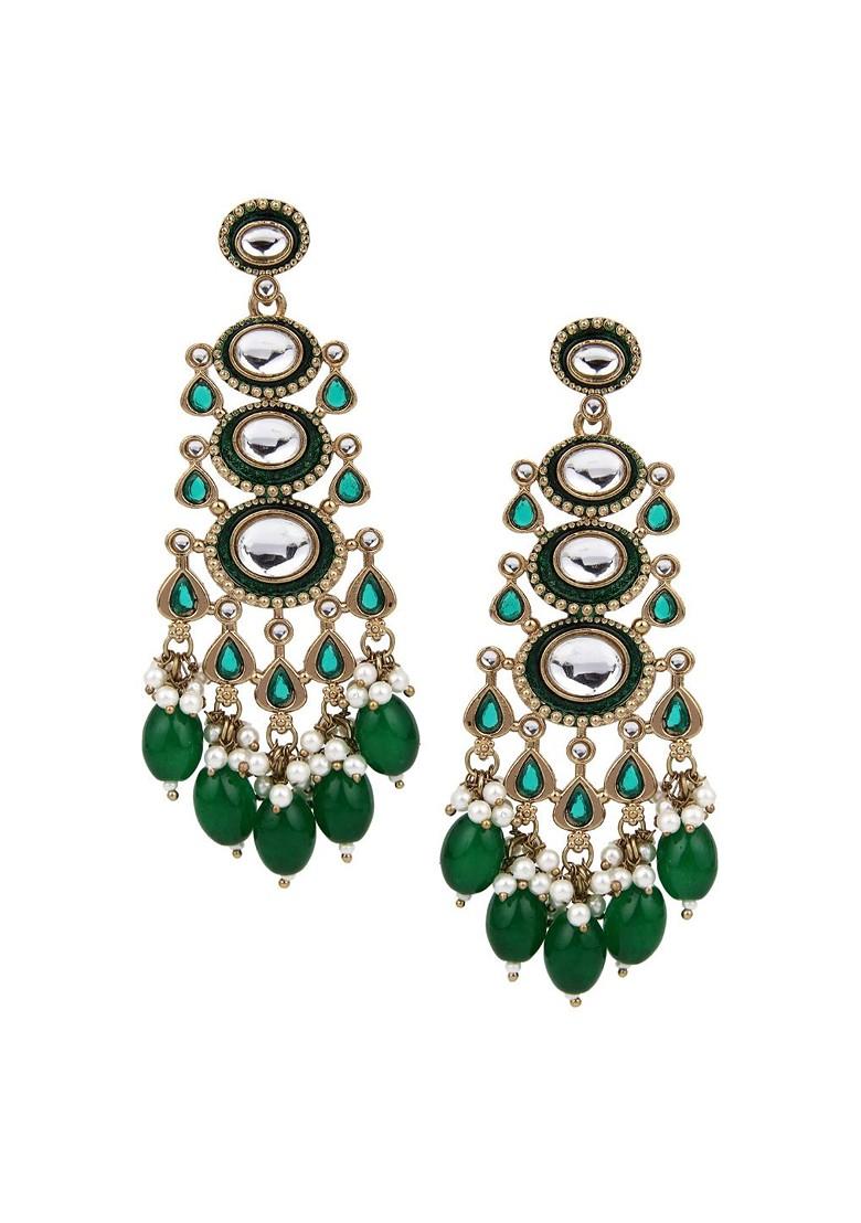 Gold Plated Kundan Studded Contemporary Drop Earrings