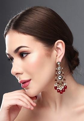 Gold Plated Kundan Studded Contemporary Drop Earrings
