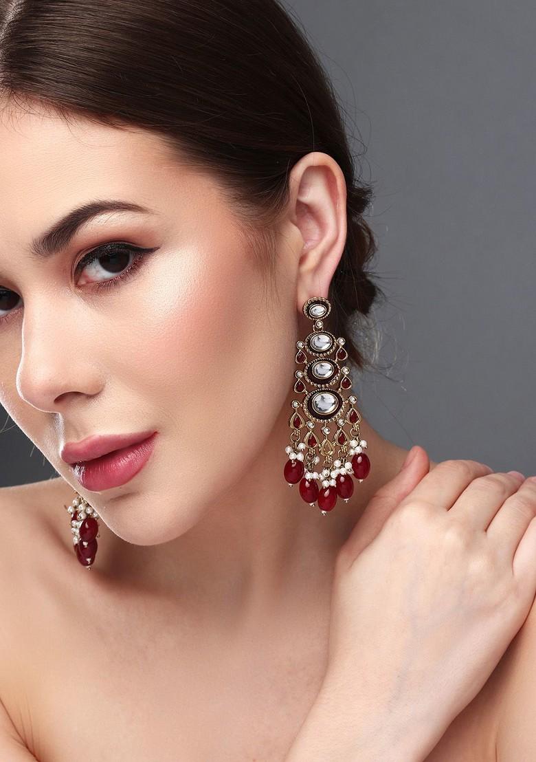 Gold Plated Kundan Studded Contemporary Drop Earrings