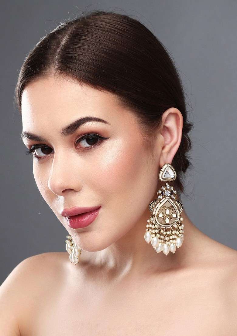 Gold Plated Kundan Studded Contemporary Drop Earrings - Indya