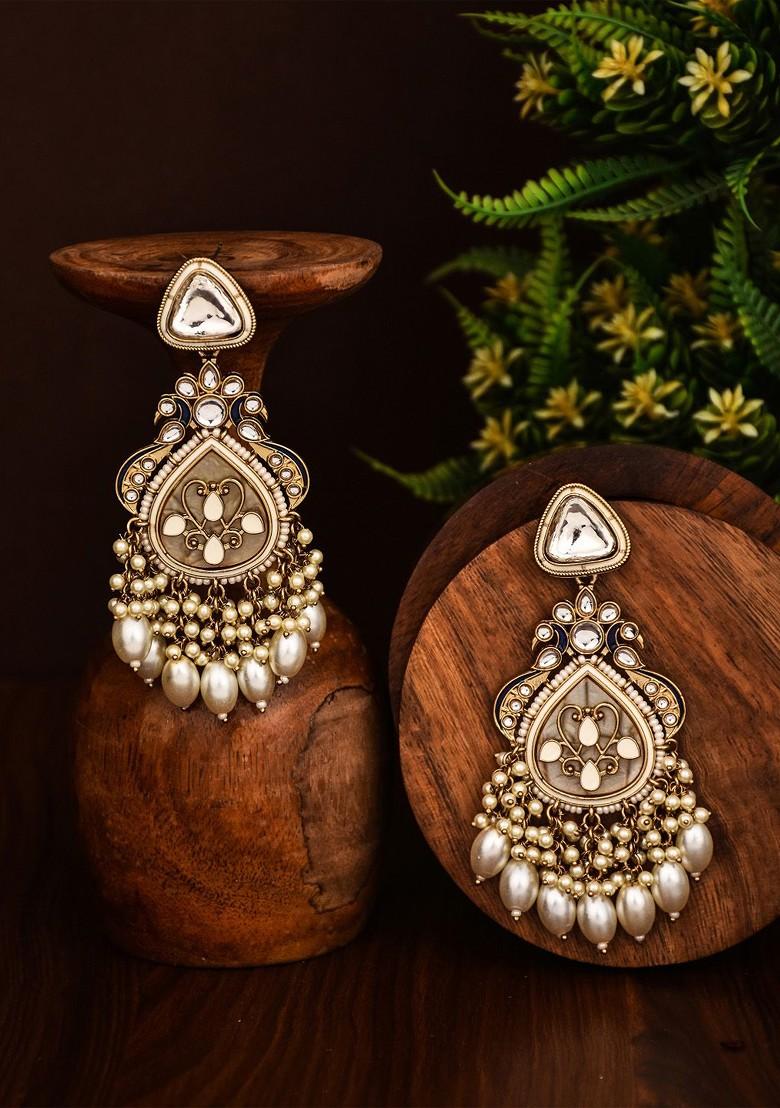 Gold Plated Kundan Studded Contemporary Drop Earrings