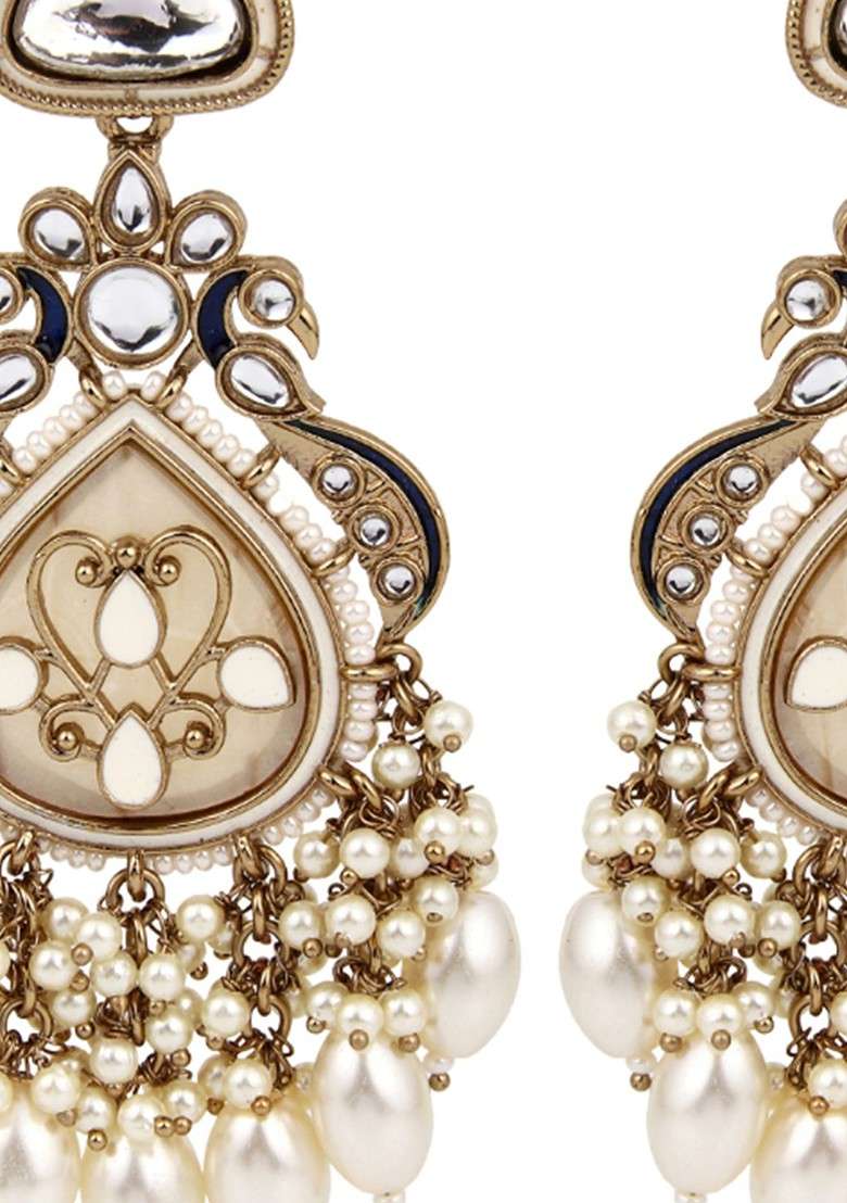 Gold Plated Kundan Studded Contemporary Drop Earrings - Indya