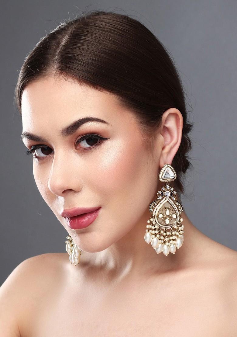 Gold Plated Kundan Studded Contemporary Drop Earrings