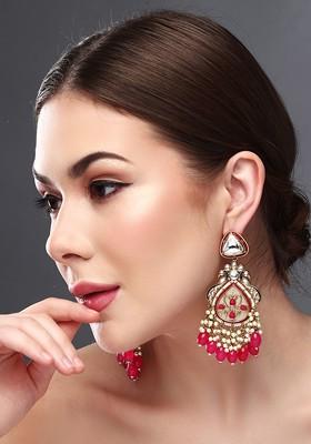 Gold Plated Artificial Stones And Beads Studded Contemporary Drop Earrings