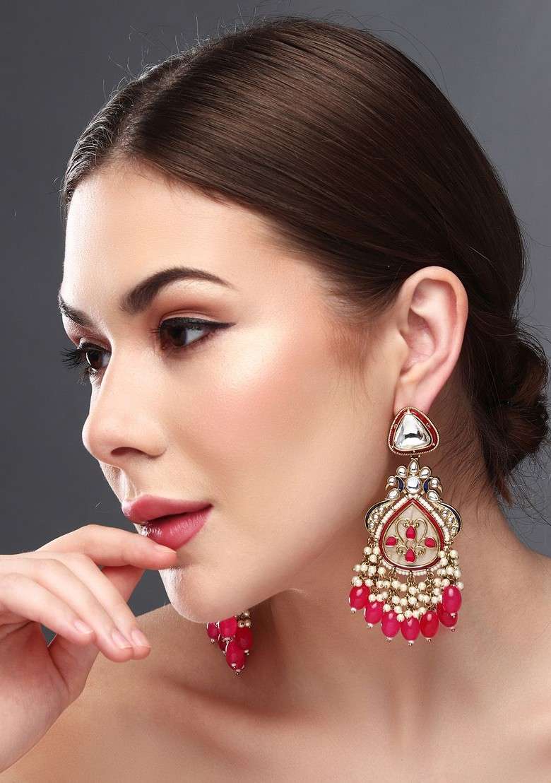 Gold Plated Artificial Stones And Beads Studded Contemporary Drop Earrings - Indya