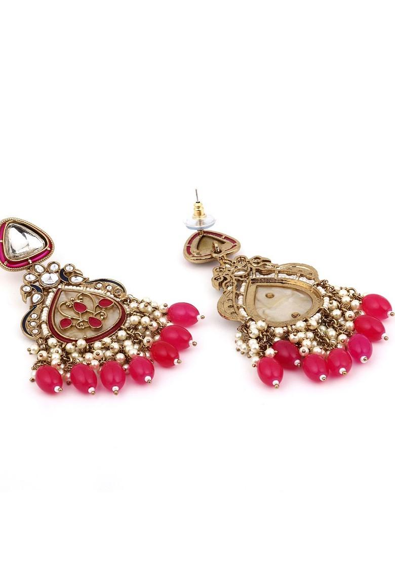 Gold Plated Artificial Stones And Beads Studded Contemporary Drop Earrings