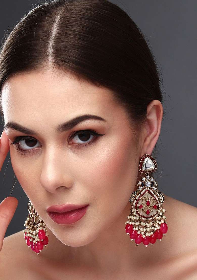 Gold Plated Artificial Stones And Beads Studded Contemporary Drop Earrings - Indya