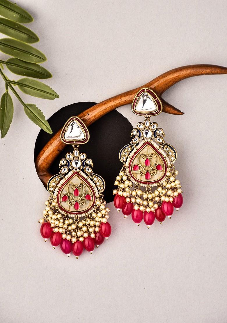 Gold Plated Artificial Stones And Beads Studded Contemporary Drop Earrings