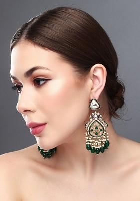 Gold Plated Kundan Studded Contemporary Drop Earrings