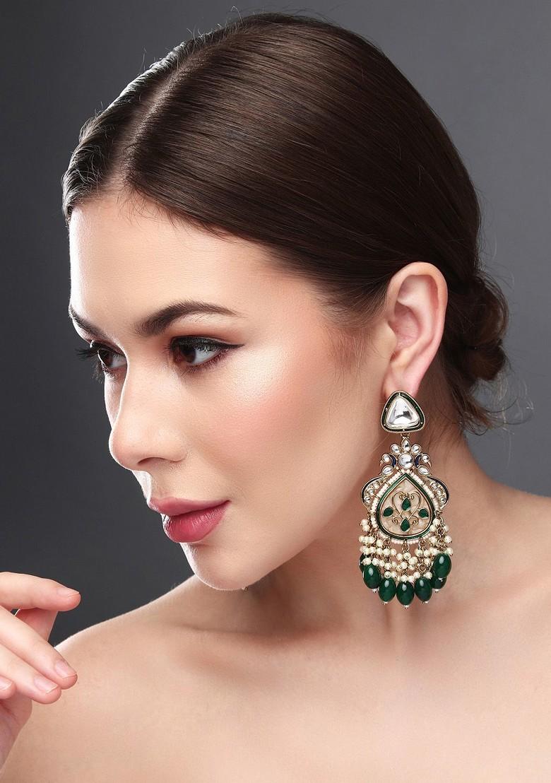 Gold Plated Kundan Studded Contemporary Drop Earrings