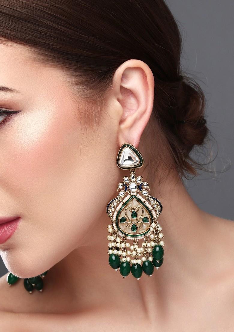 Gold Plated Kundan Studded Contemporary Drop Earrings