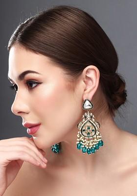 Gold Plated Kundan Studded Contemporary Drop Earrings