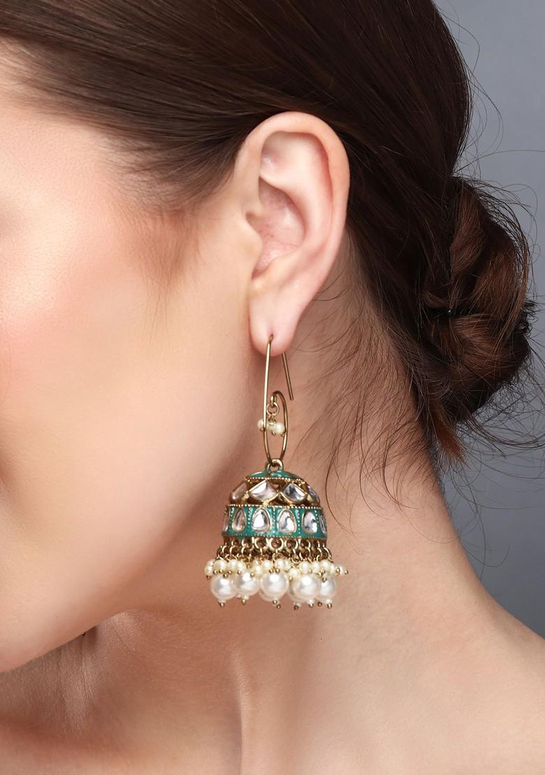 Gold Plated Kundan Studded Contemporary Meenakari Jhumkas