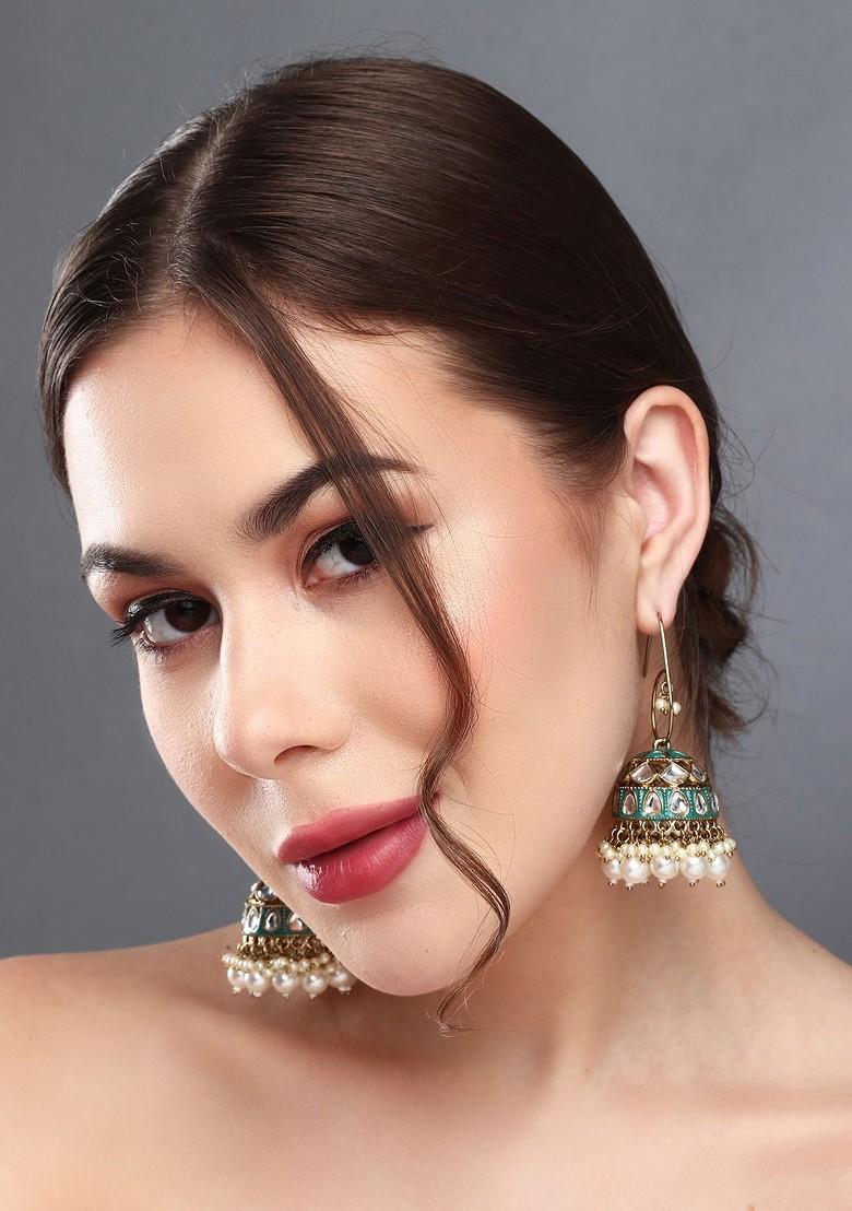 Gold Plated Kundan Studded Contemporary Meenakari Jhumkas