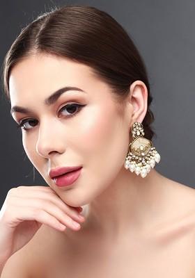 Gold Plated Kundan Studded Contemporary Drop Earrings