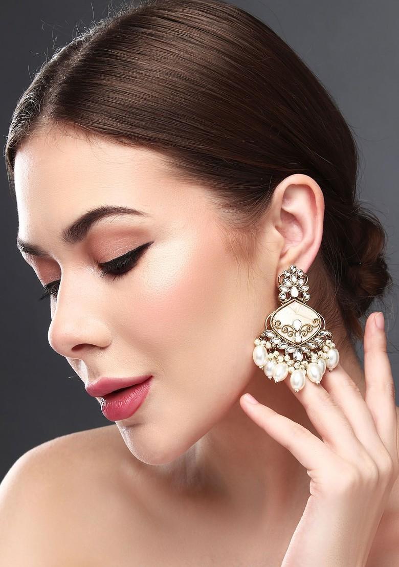 Gold Plated Kundan Studded Contemporary Drop Earrings