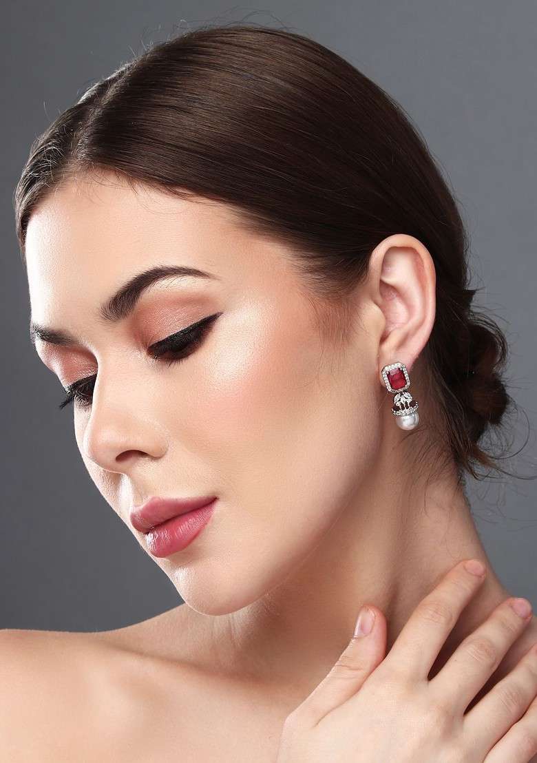 Rhodium Plated Contemporary Cubic Zirconia Studded Earrings - Indya