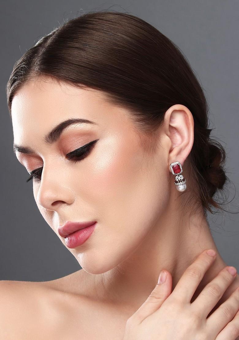 Rhodium Plated Contemporary Cubic Zirconia Studded Earrings