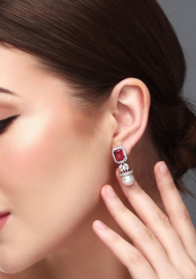 Rhodium Plated Contemporary Cubic Zirconia Studded Earrings