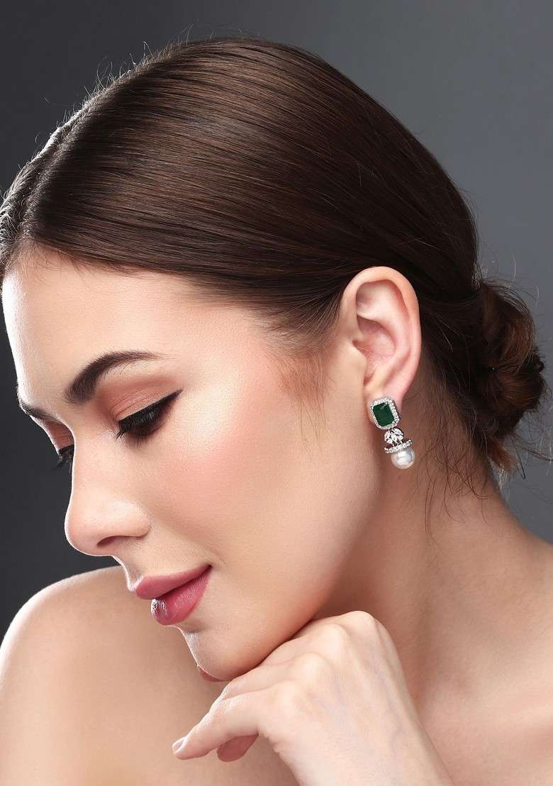 Rhodium Plated Contemporary Cubic Zirconia Studded Earrings - Indya