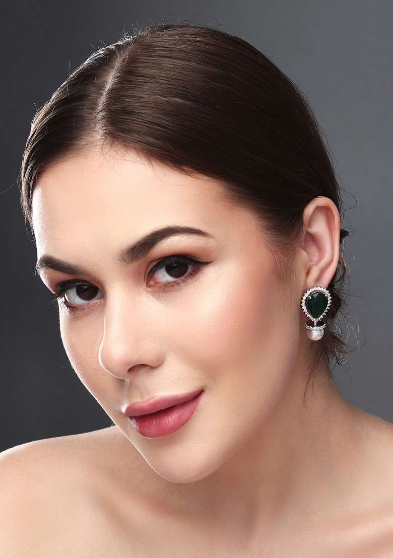Rhodium Plated Contemporary Cubic Zirconia Studded Earrings - Indya