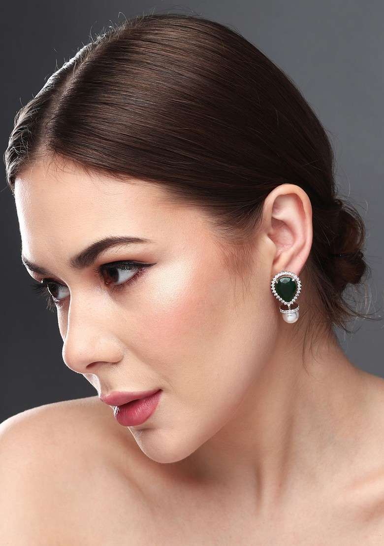 Rhodium Plated Contemporary Cubic Zirconia Studded Earrings - Indya