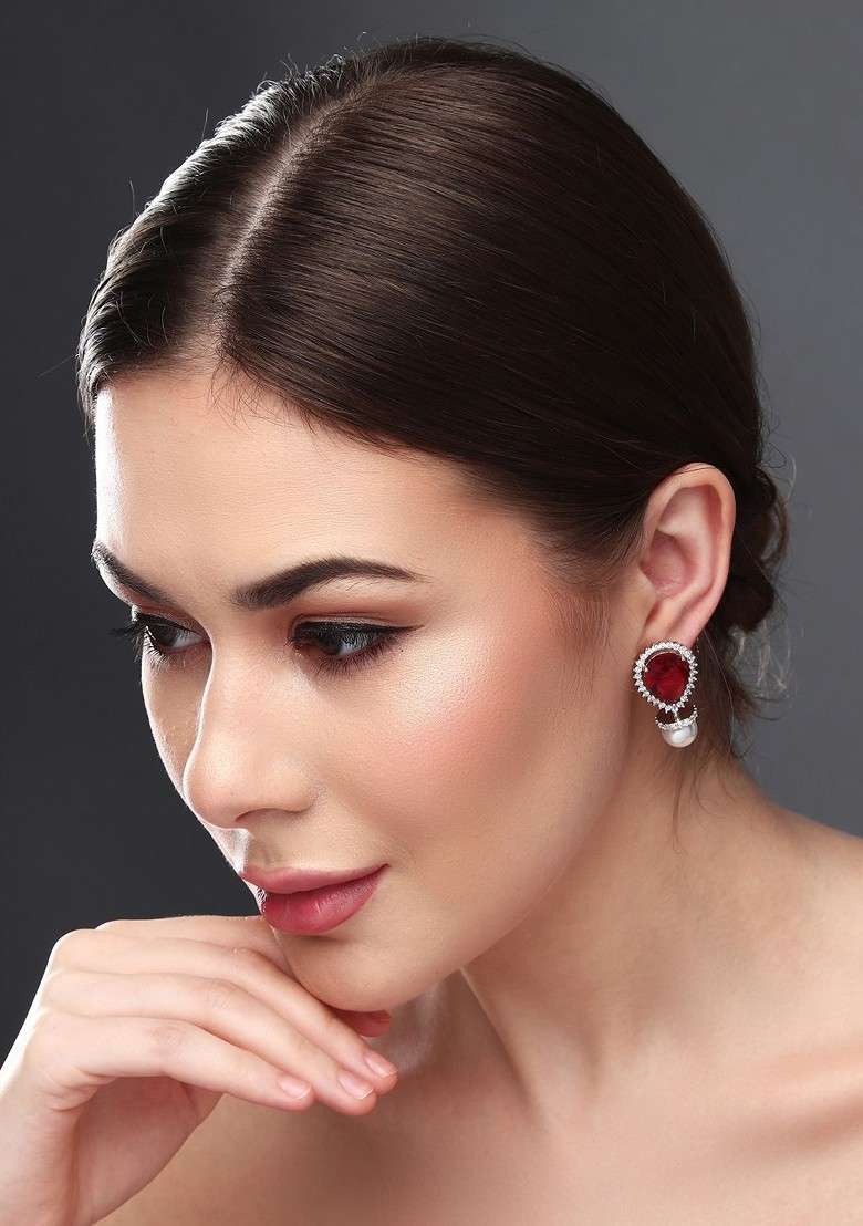 Rhodium Plated Contemporary Cubic Zirconia Studded Earrings - Indya
