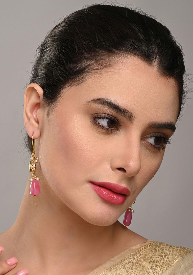 Gold Plated Artificial Stone Studded And Beaded Contemporary Shaped Drop Earrings