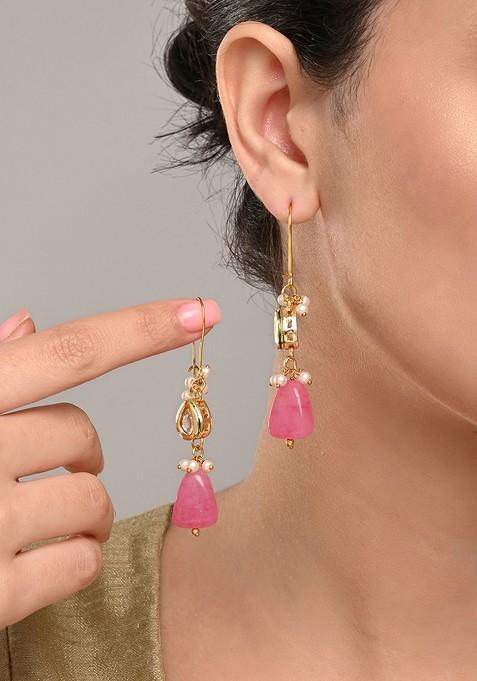 Gold Plated Artificial Stone Studded And Beaded Contemporary Shaped Drop Earrings