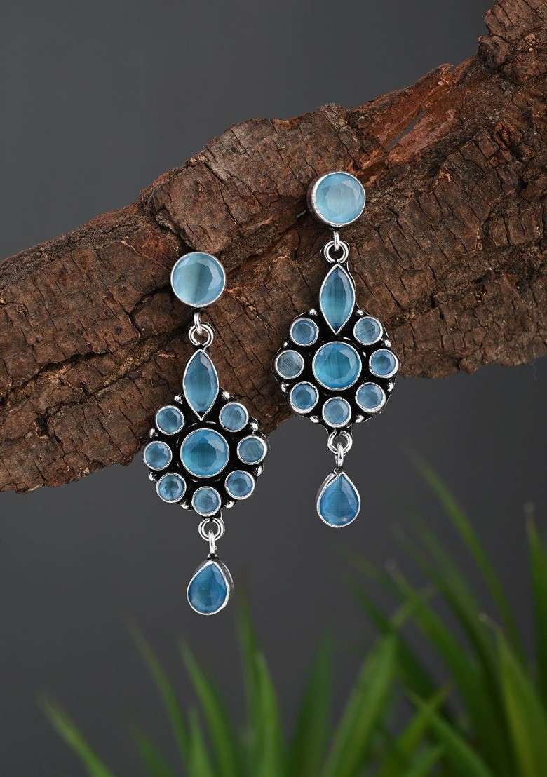 Silver Plated American Diamond Studded Floral Shaped Drop Earrings - Indya