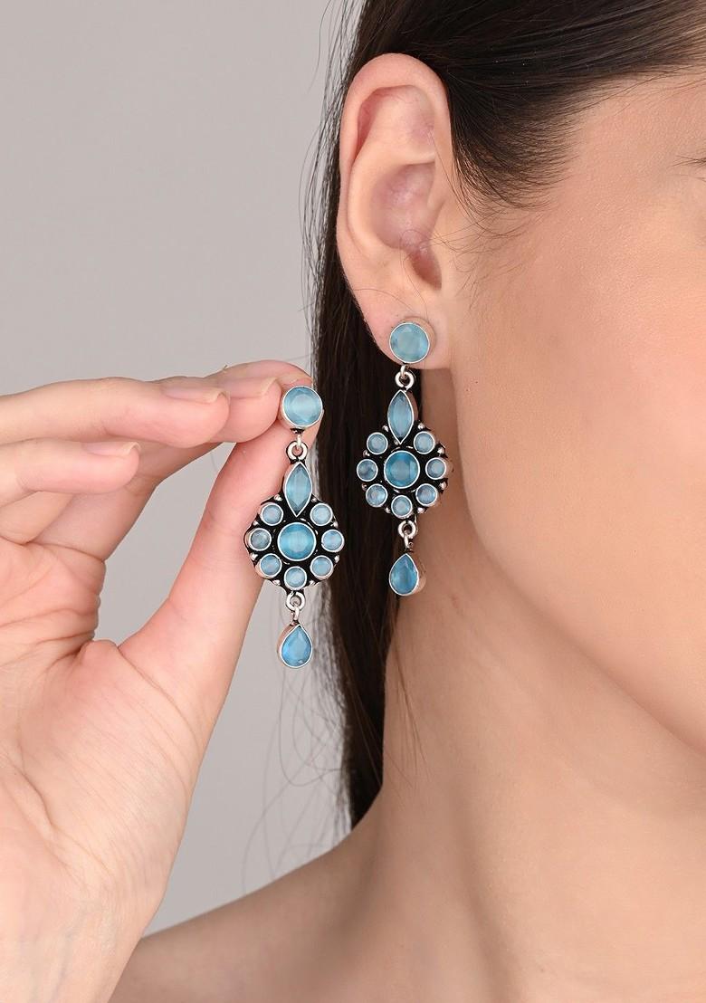 Silver Plated American Diamond Studded Floral Shaped Drop Earrings