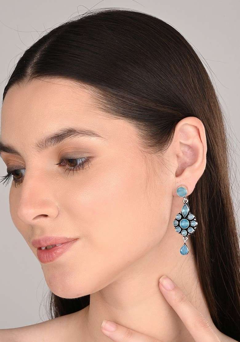 Silver Plated American Diamond Studded Floral Shaped Drop Earrings - Indya